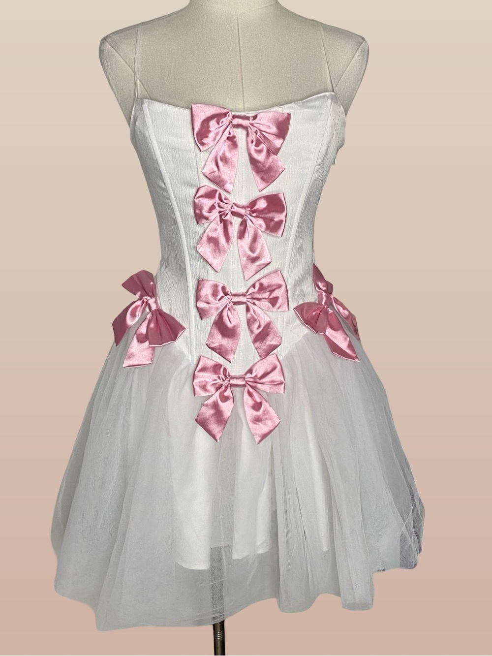Sugar Thrillz Coquette Balletcore White Tulle Corset Dress Pink Bows Medium